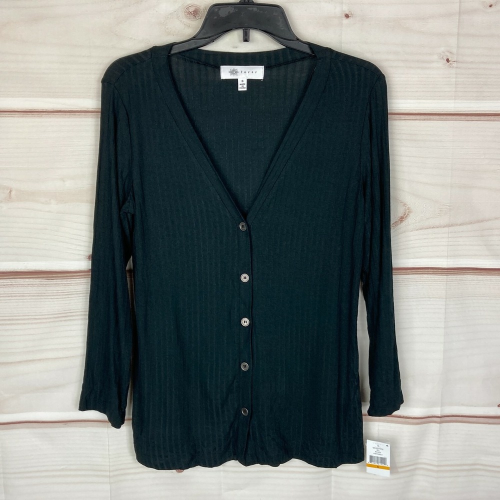 Fever Top Womens Small Rib Knit Button Up 3/4 Sleeve Black V-Neck Solid Basic